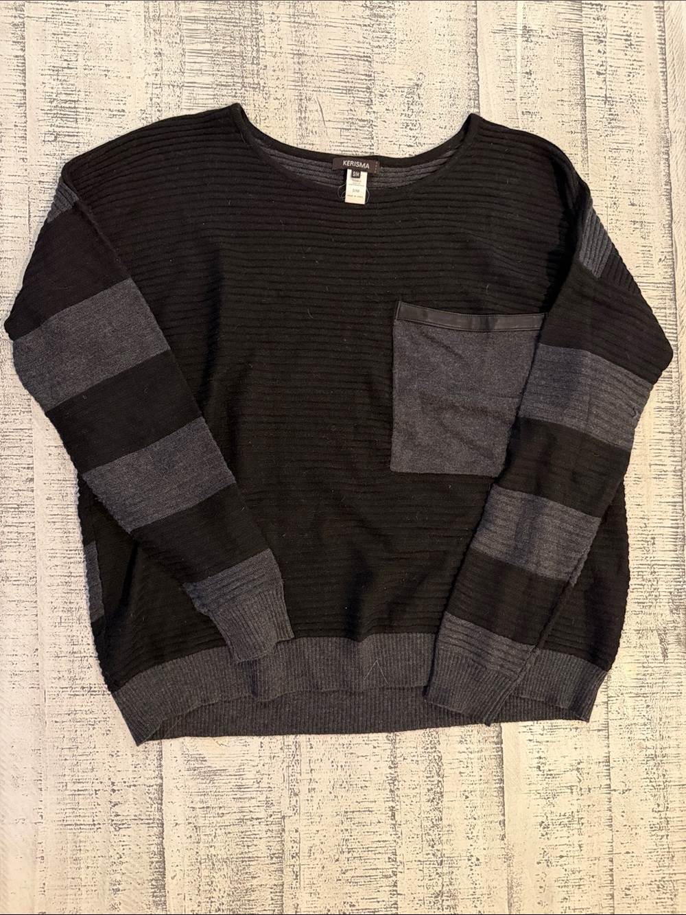 Kerisma Black and Gray Striped Crewneck Sweater with Chest Pocket